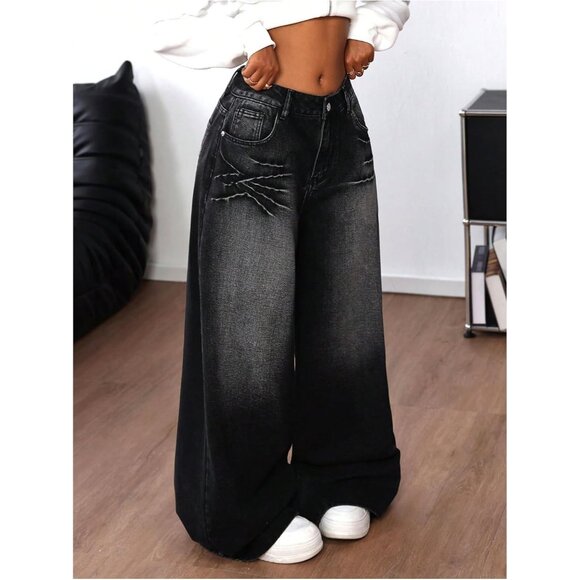 Women's Y2K Baggy Jeans Low Waist Cross Print Wide Leg Denim Pants - Picture 4 of 5
